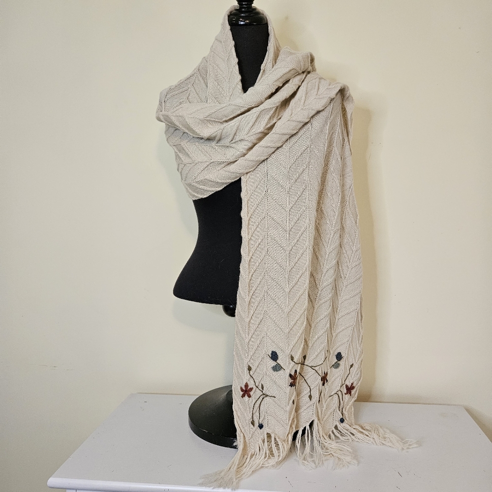 Peruvian Link Alpaca Embroidered Cream Scarf with Fringe